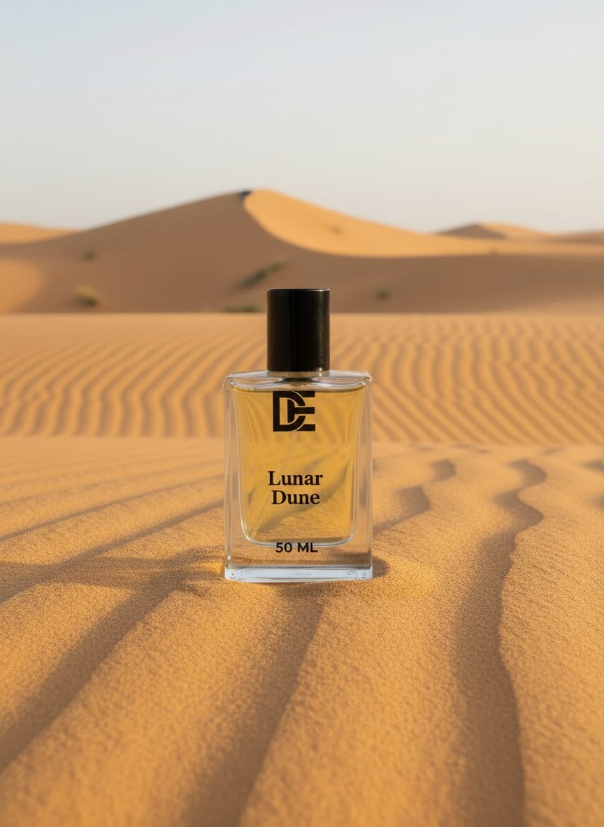 Dasht Essence perfume bottle “lunar dune”packaging. A luxurious 50ml fragrance where  with its elegant black and gold 