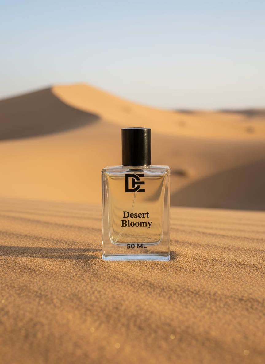 Dasht Essence perfume bottle “Desert Bloomy” with its elegant black and gold packaging. A luxurious 50ml fragrance where desert meets desire