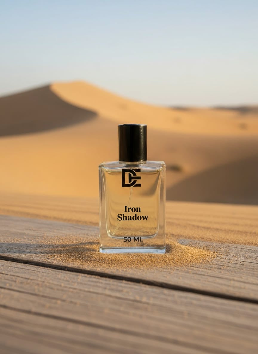 Dasht Essence perfume bottle “iron shadow” with its elegant black and gold packaging. A luxurious 50ml fragrance where desert meets desire