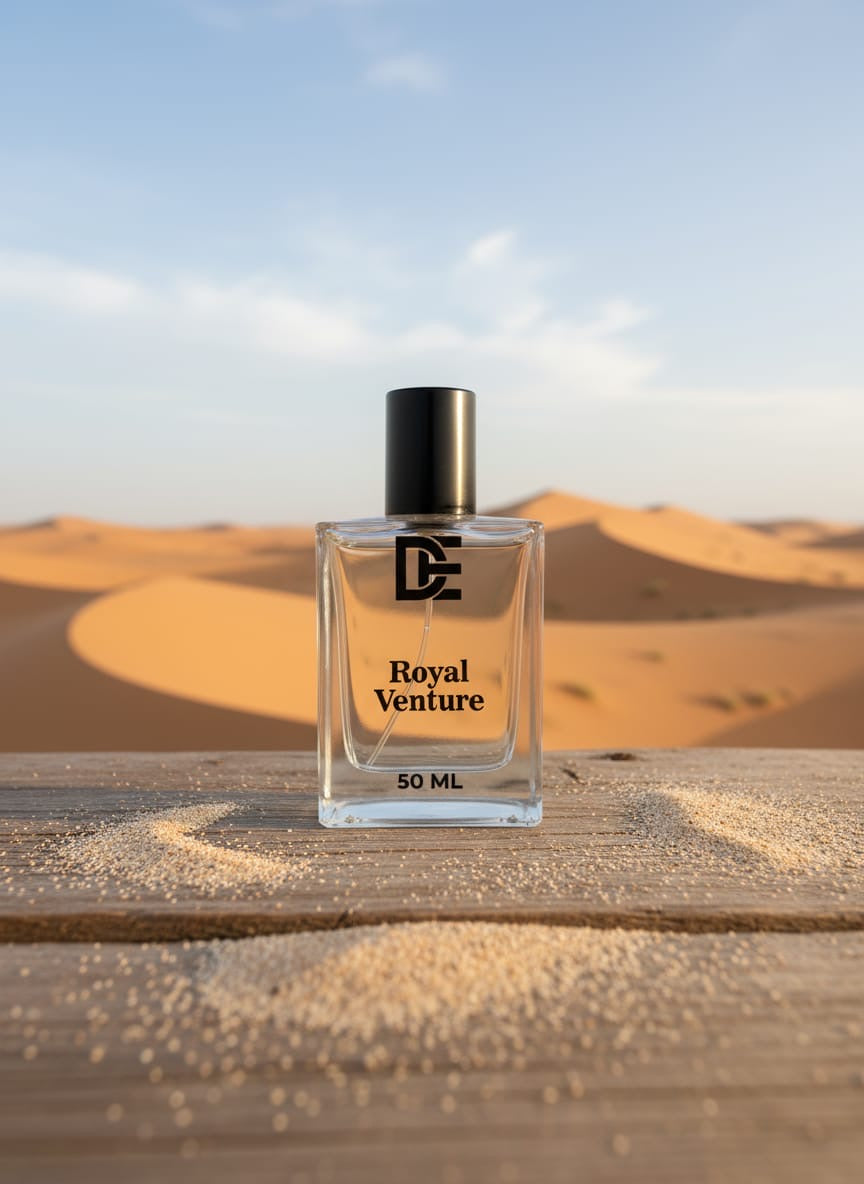 Dasht Essence perfume bottle “royal veture” with its elegant black and gold packaging. A luxurious 50ml fragrance where desert meets desire