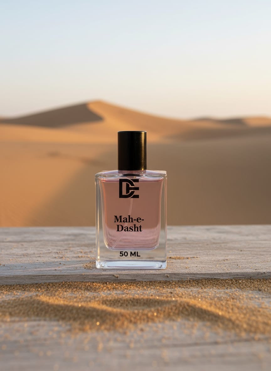 Dasht Essence perfume bottle “mah--dasht” with its elegant black and gold packaging. A luxurious 50ml fragrance where desert meets desire
