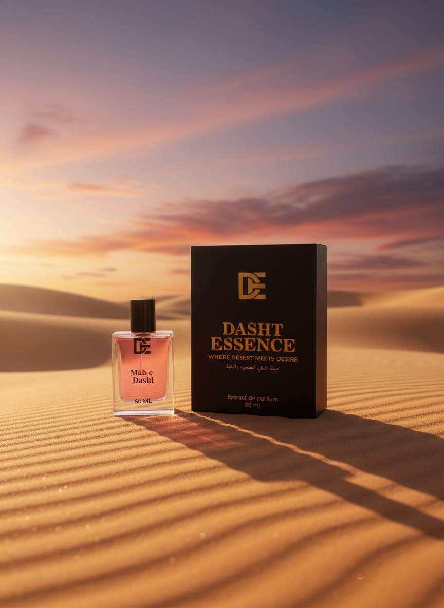 Dasht Essence perfume bottle “mah--dasht” with its elegant black and gold packaging. A luxurious 50ml fragrance where desert meets desire
