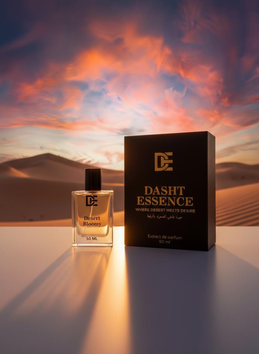Dasht Essence perfume bottle “Desert Bloomy” with its elegant black and gold packaging. A luxurious 50ml fragrance where desert meets desire