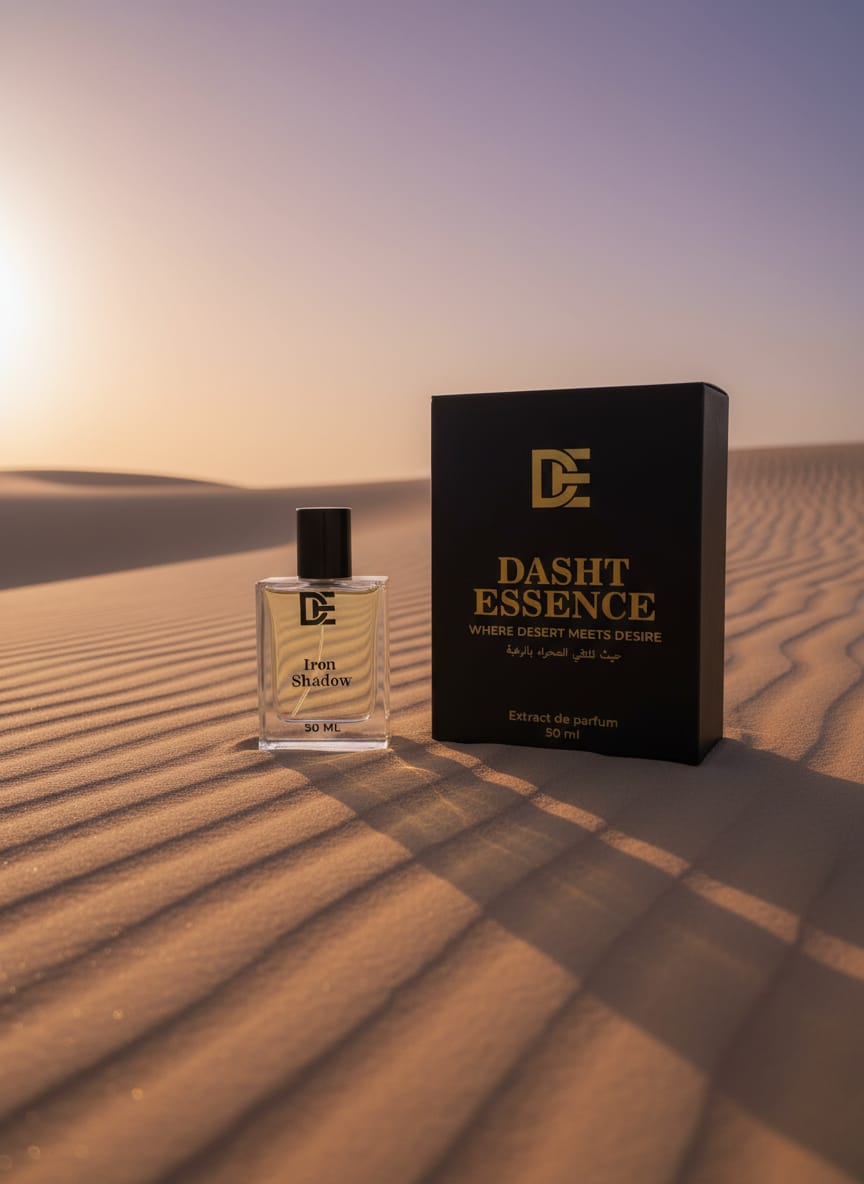 Dasht Essence perfume bottle “iron shadow” with its elegant black and gold packaging. A luxurious 50ml fragrance where desert meets desire
