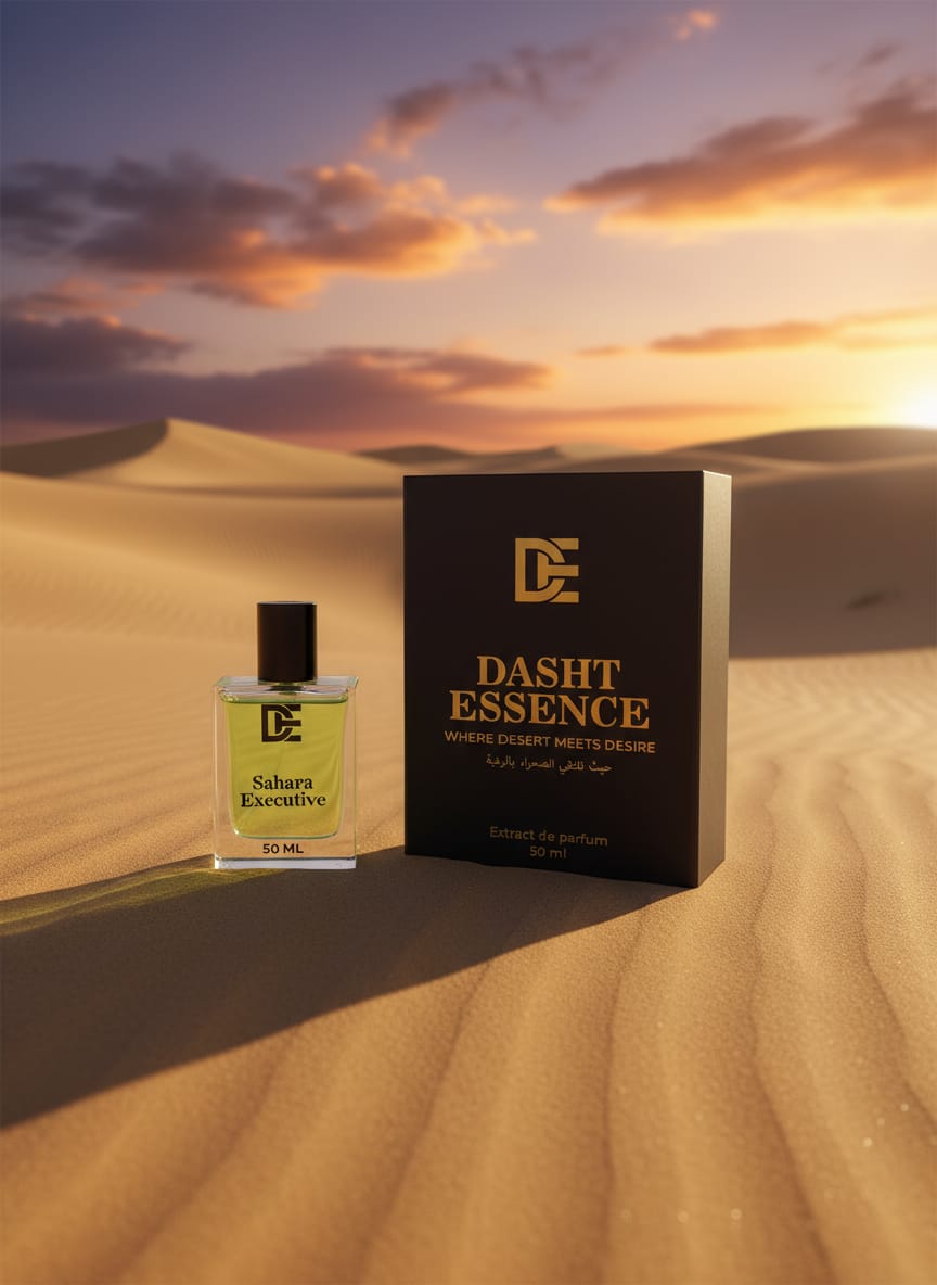 Dasht Essence perfume bottle “sahara executive” with its elegant black and gold packaging. A luxurious 50ml fragrance where 