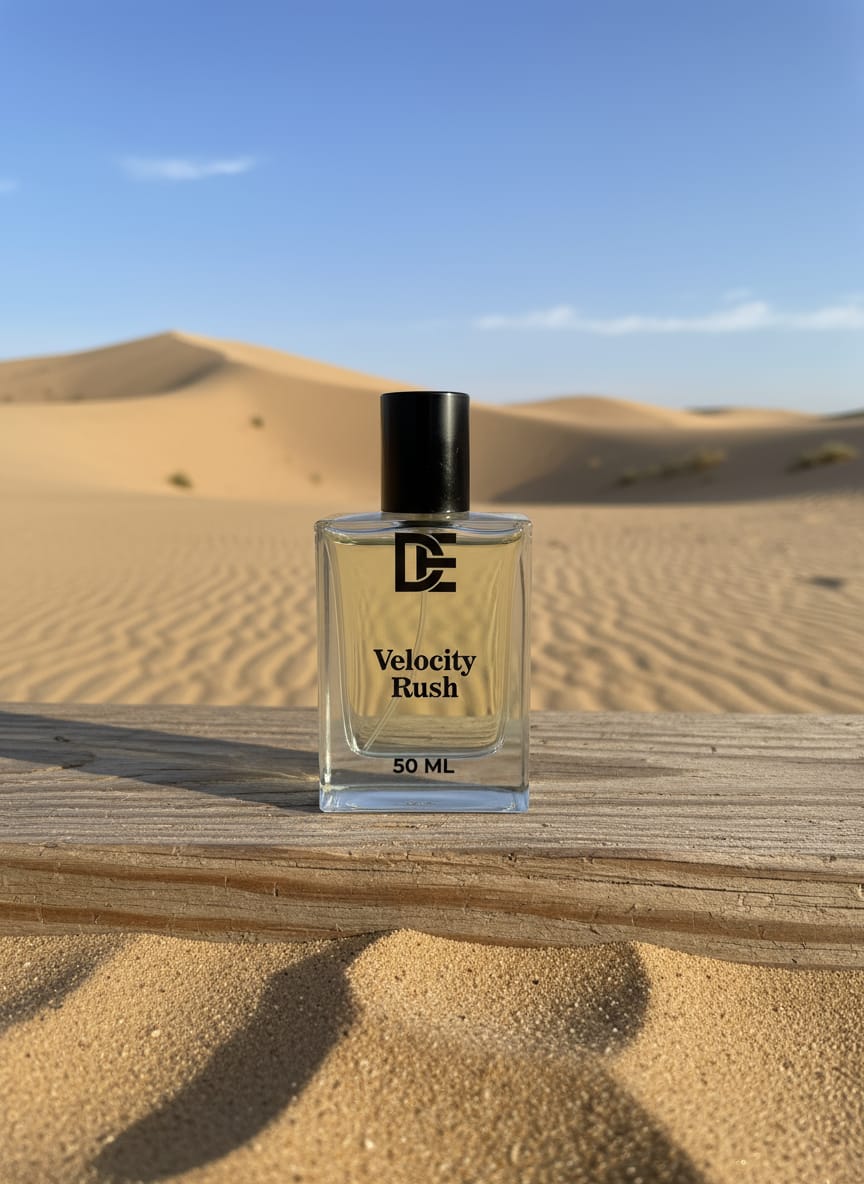 Dasht Essence perfume bottle “velociy rush” with its elegant black and gold packaging. A luxurious 50ml fragrance where desert meets desire