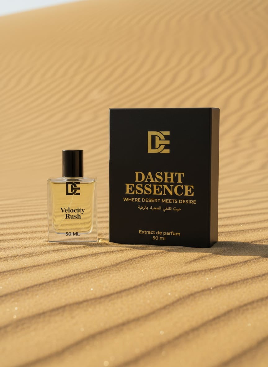 Dasht Essence perfume bottle “velociy rush” with its elegant black and gold packaging. A luxurious 50ml fragrance where desert meets desire