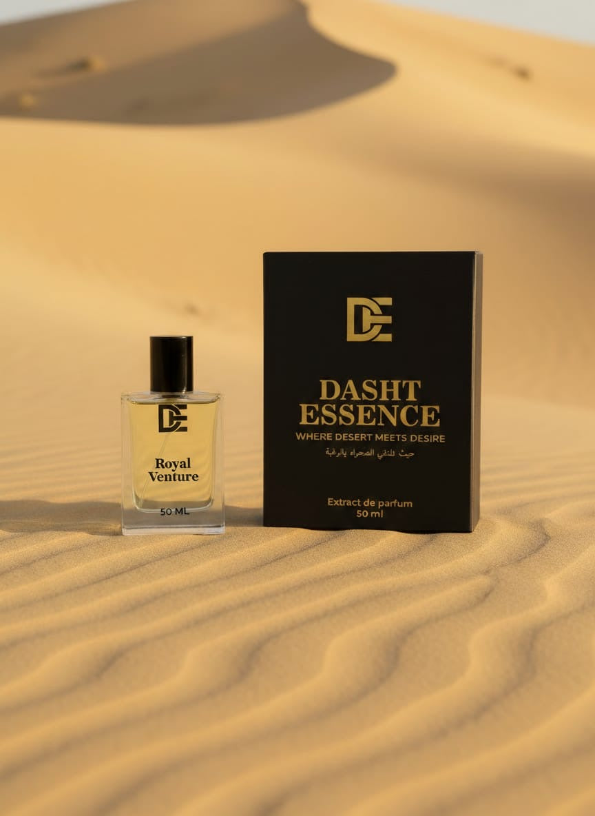 Dasht Essence perfume bottle “royal veture” with its elegant black and gold packaging. A luxurious 50ml fragrance where desert meets desire
