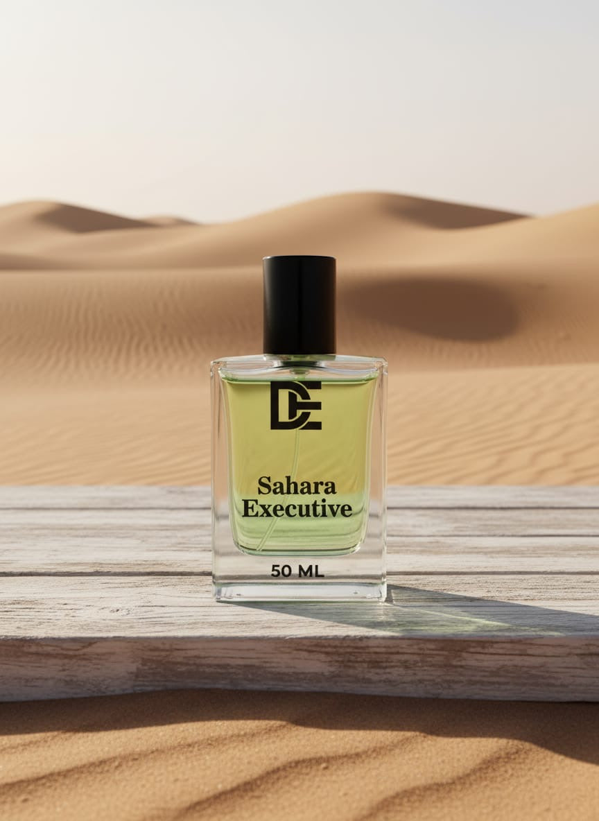 Dasht Essence perfume bottle “sahara executive” with its elegant black and gold packaging. A luxurious 50ml fragrance where 