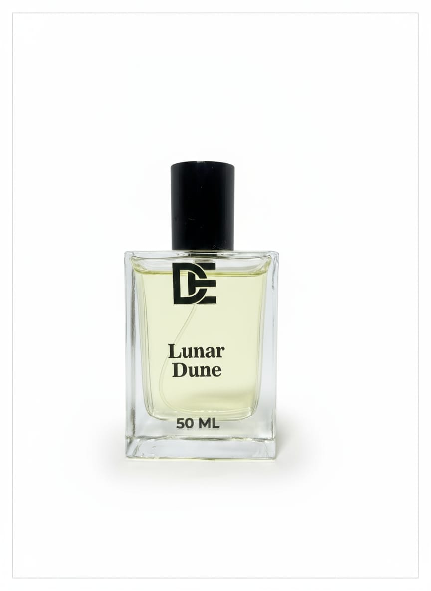 Dasht Essence perfume bottle “lunar dune”packaging. A luxurious 50ml fragrance where  with its elegant black and gold 