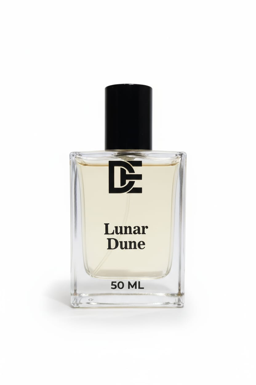 Dasht Essence perfume bottle “lunar dune”packaging. A luxurious 50ml fragrance where  with its elegant black and gold 
