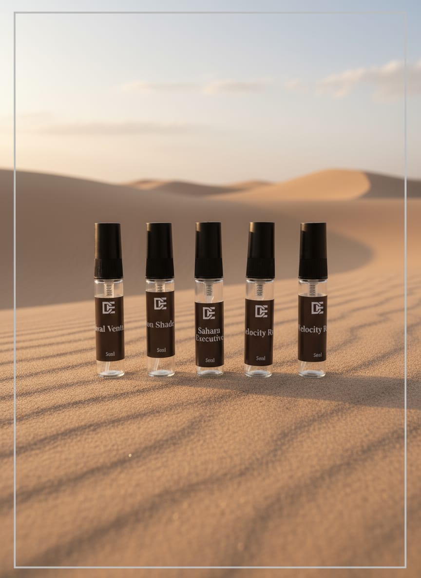 Dasht Essence perfume tester with its elegant black and gold packaging. A 5 luxurious 5ml fragrance where desert meets desire