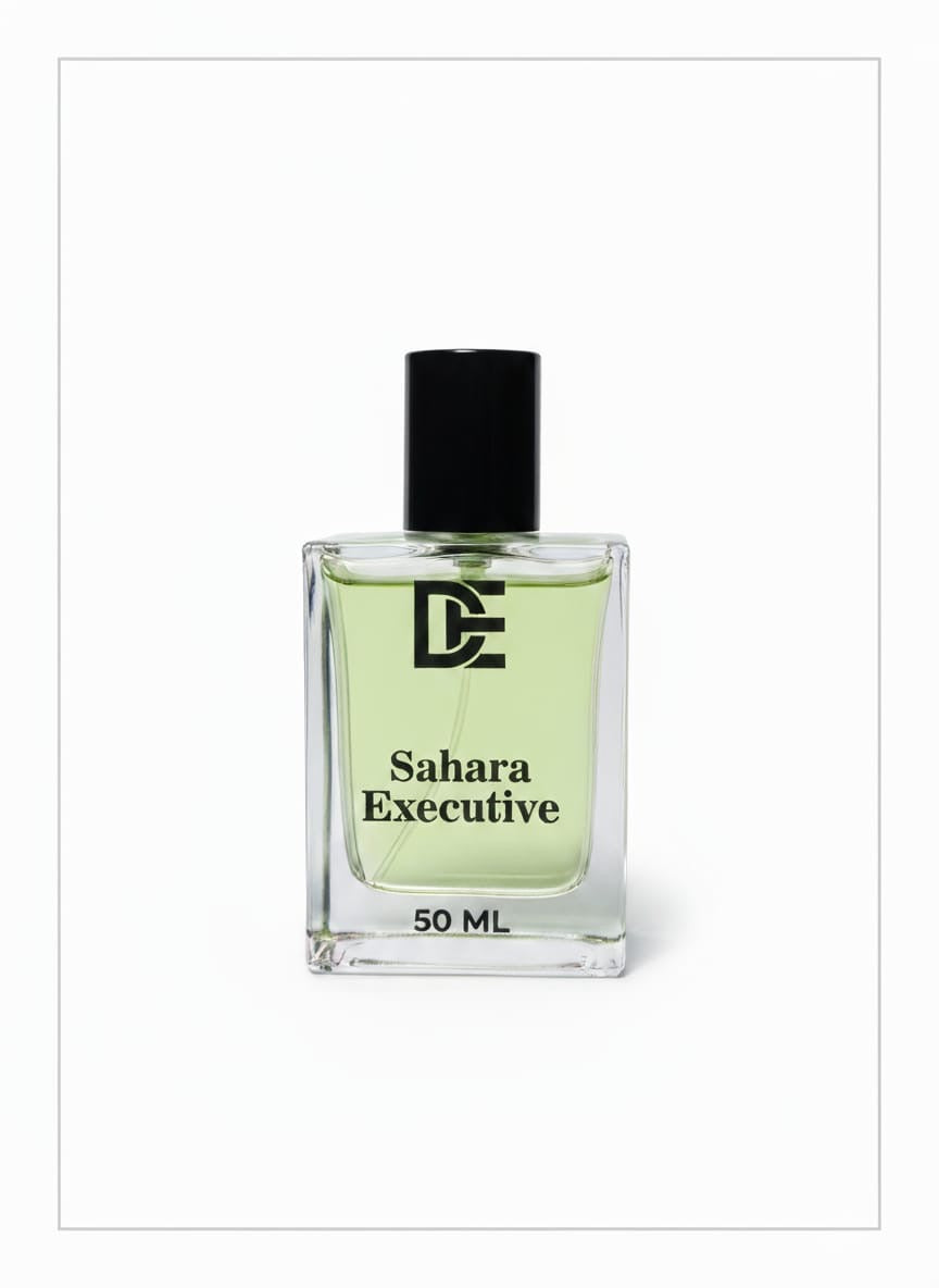 Dasht Essence perfume bottle “sahara executive” with its elegant black and gold packaging. A luxurious 50ml fragrance where desert meets desire