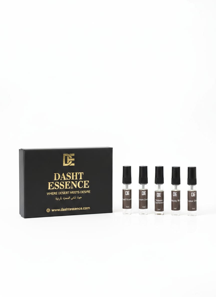 Dasht Essence perfume tester with its elegant black and gold packaging. A 5 luxurious 5ml fragrance where desert meets desire