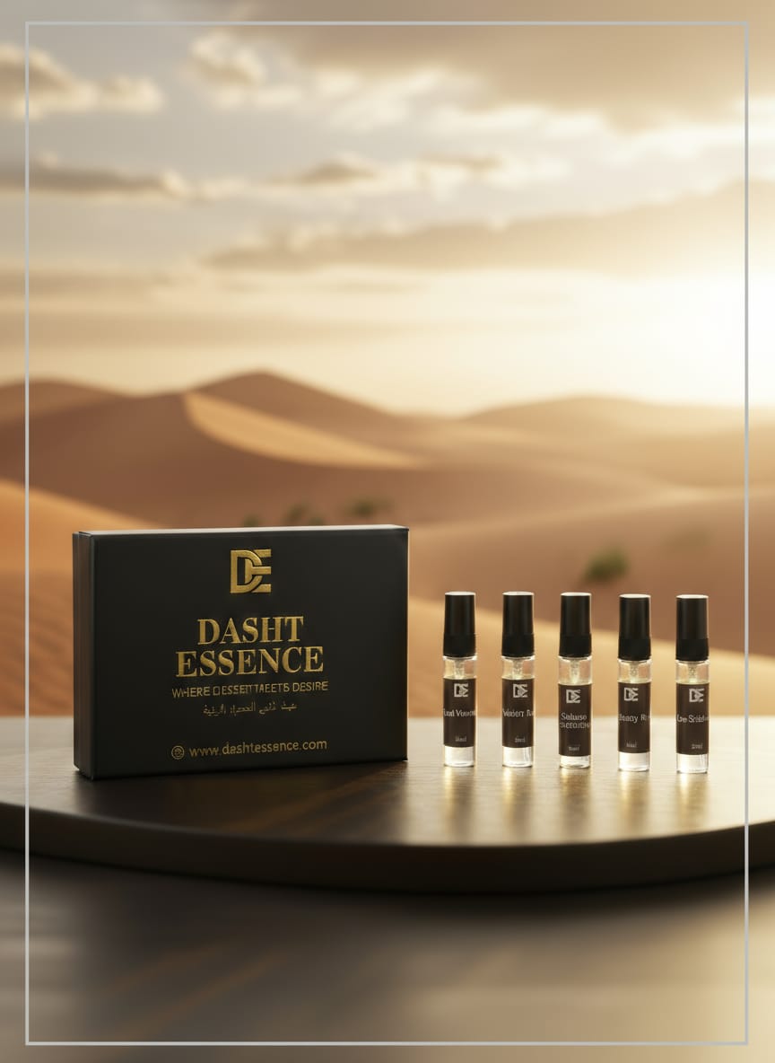 Dasht Essence perfume tester with its elegant black and gold packaging. A 5 luxurious 5ml fragrance where desert meets desire