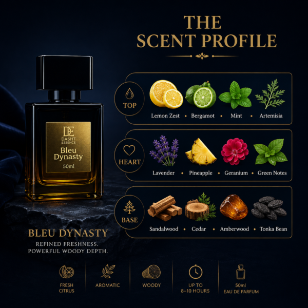 Bleu Dynasty scent profile with citrus aromatic and woody notes
