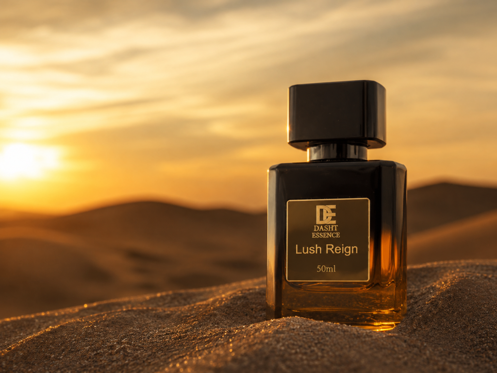 Dasht Essence Lush Reign luxury perfume bottle in desert sunset