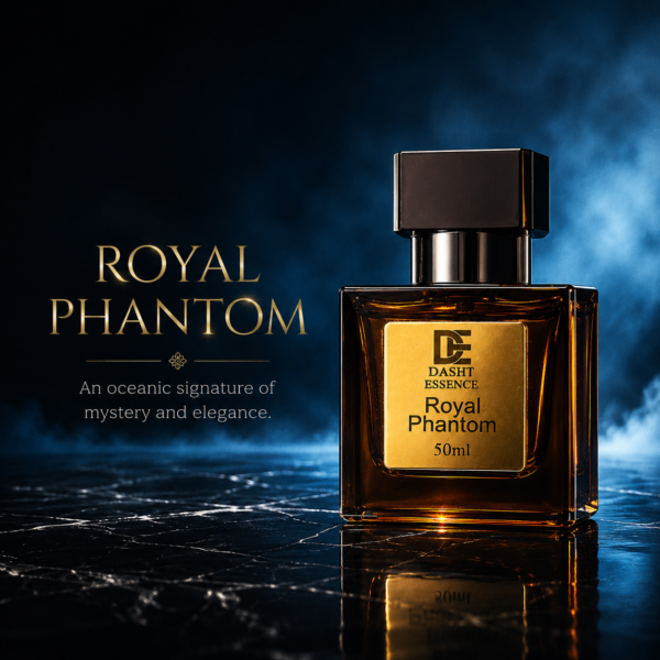 Dasht Essence Royal Phantom luxury aquatic unisex perfume bottle with ocean blue cinematic background