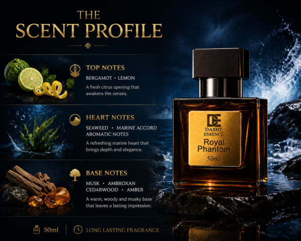 Dasht Essence Royal Phantom 50ml unisex perfume scent profile with marine aquatic woody fragrance notes