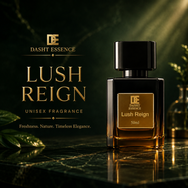 Dasht Essence Lush Reign luxury unisex perfume bottle with premium green and gold background