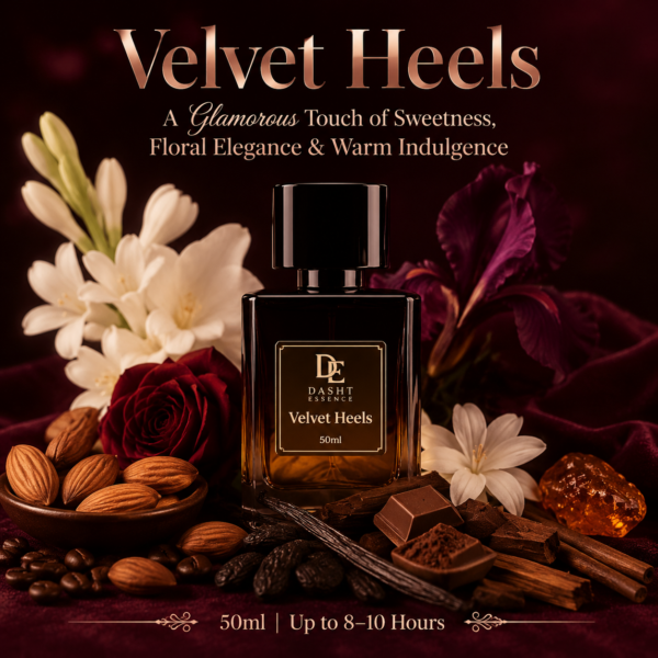 Velvet Heels Fragrance Character Image by Dasht Essence with vanilla, floral, cacao and amber notes